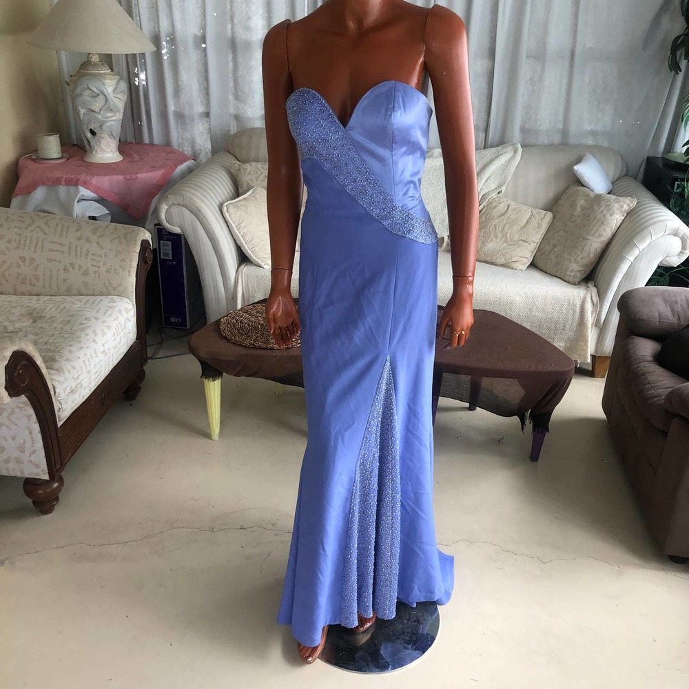 Landa light blue long gown, formal evening event maxi dress pearls 6 strapless